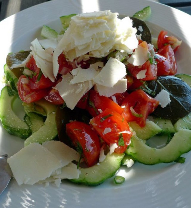 Tiny tomatoes, crunchy local cucumber, caper leaves, and spicy island cheese in Selene’s trademark salad.