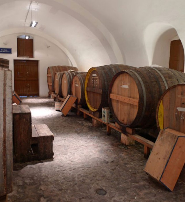 Wine aging in barrels in the museum caves.